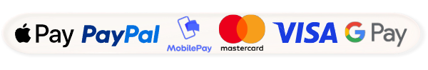 Betalingsmetoder: Apple Pay, PayPal, MobilePay, Mastercard, Visa og Google Pay