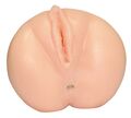 Hudfarvet realistisk vagina- og anusvibrator med stimulerende riller og elastiske lystkanaler i blød TPE-plast, længde 17 cm