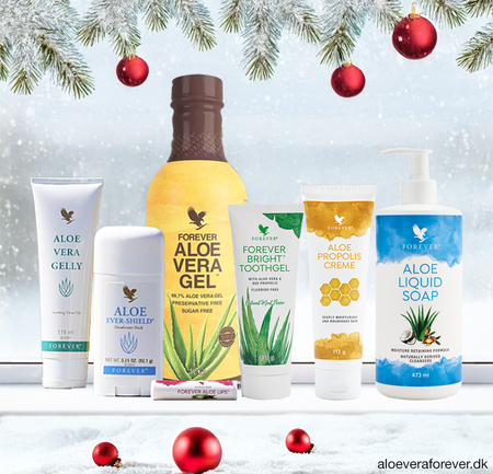 Forever Classics med Forever Aloe Vera Gel, Aloe Vera Gelly, Aloe Liquid Soap, Aloe Propolis Creme, Forever Bright Toothgel, Aloe Ever-Shield Deo og Aloe Lips