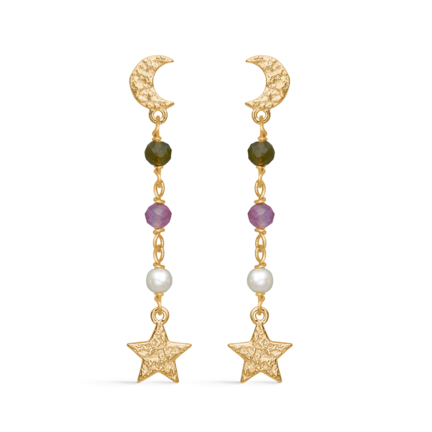 Starlight Earrings - Gold plated earrings with colored pearls and moon and stone pendant