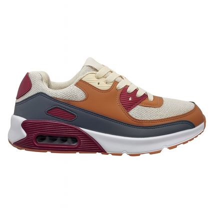 Chunky sneaker i beige, cognac, mørkerød og grå med hvid sål og luftboble
