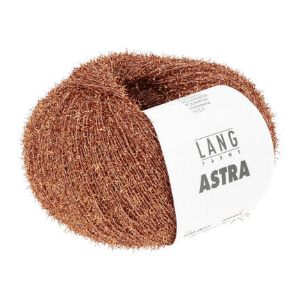 Lang Yarns Astra glimmergarn i farven Kobber – garnnøgle med banderole, der viser den elegante, glitrende struktur.
