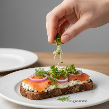 Broccoli Calabrese mikrogrønt drysses over smørrebrød med laks