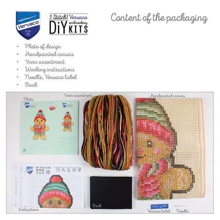 indhold til broderikit fra vervaco med julekagemand