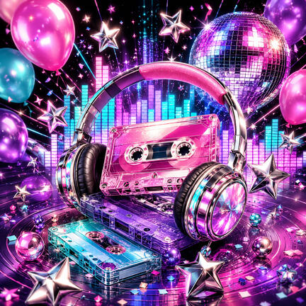 Kvadratisk K-pop sukkerprint med pink Y2K-kassette, høretelefoner, equalizer og stjerner