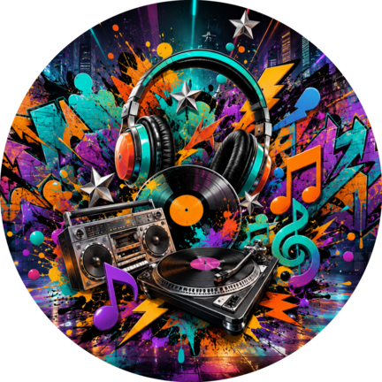 Rundt K-pop sukkerprint med DJ-pult, hovedtelefoner, vinyl og farverig graffiti