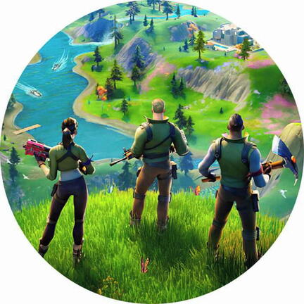 Rundt Fortnite sukkerprint med fire helte og udsigt over den grønne ø
