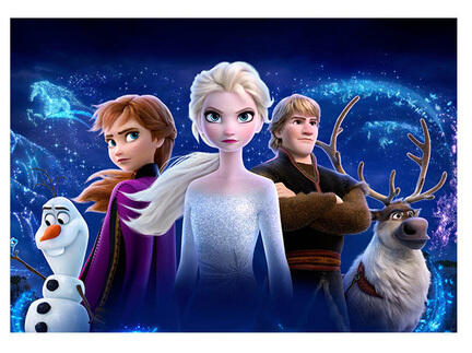 Frozen sukkerprint A4 med Elsa, Anna, Olaf, Kristoff og Sven på mørk blå magisk baggrund
