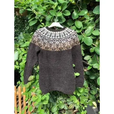 sweateren Vedurfrædingurinn paa gine ude i haven strikket i lettlopi. forside til strikkeopskrift