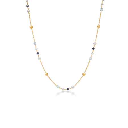 Azure necklace in 14-carat gold with topaz and cultured pearls.