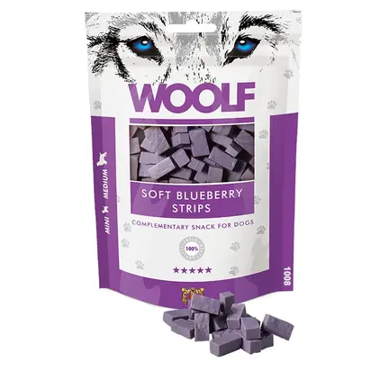 WOOLF Soft Blueberry Strips | 100 gram | Hundegodbidder med Blåbær og Kylling
