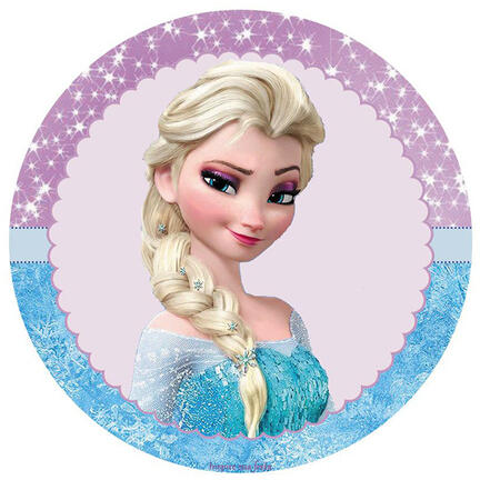 Frozen sukkerprint rundt med Elsa på lilla frostbaggrund og blå iskant til kage