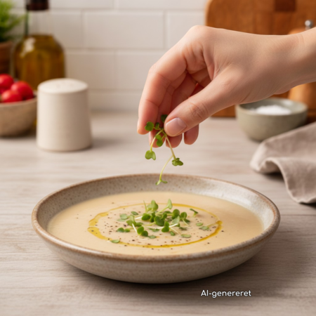 Rød senneps-mikrogrønt drysses over en cremet suppe