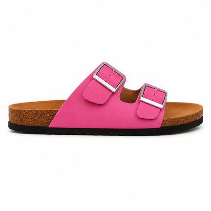 Pink damesandal med dobbelte sølvspænder og korksål