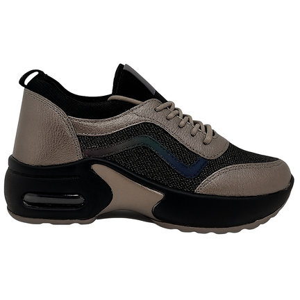 Grå og sort damesneaker med blå sidebue og sort luftpude-sål,