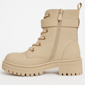 Beige damestøvle med snørebånd, gylden spænde-detalje og chunky sål