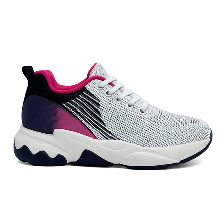 Damesneaker i hvid med sort og pink gradient, mørk hæl og sporty sål