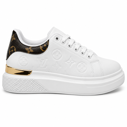 Hvid damesneaker med guld- og sort detalje – luksus look