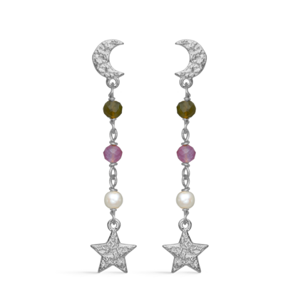 Starlight Earrings - Øreringe med farvede perler samt måne og sten vedhæng i 925 sterling sølv