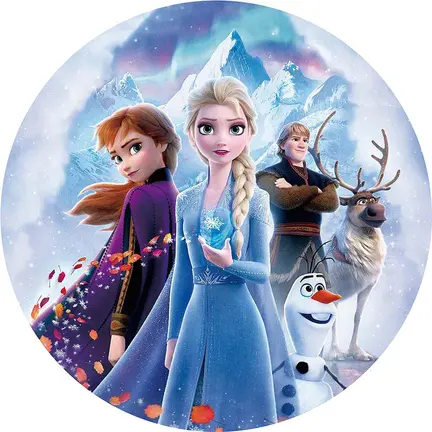 Frozen sukkerprint rundt med Elsa, Anna, Kristoff, Sven og Olaf foran sneklædte bjerge
