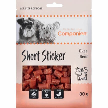 Her ser du en pose Companion Short Beef Stickers | Hundegodbid med Okse