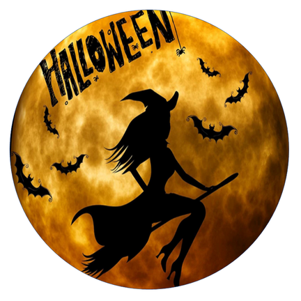 Rundt Halloween sukkerprint med sort heks på kost, flagermus, gylden måne og teksten HALLOWEEN