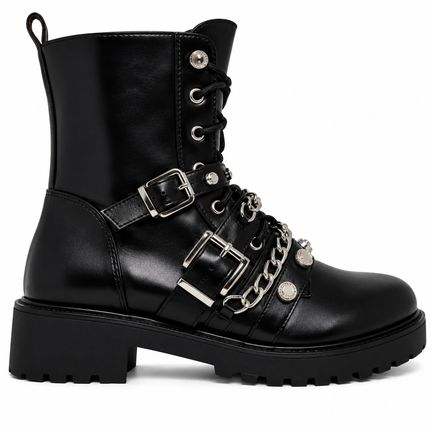 Sort dame combat boot i kunstlæder med spænder, kæde og perle dekorationer