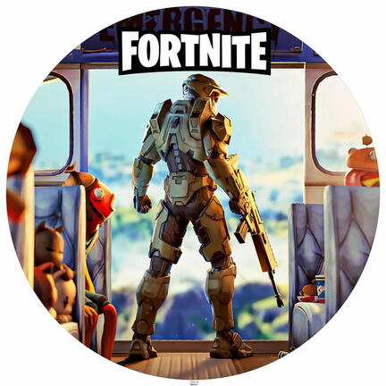 Rundt Fortnite sukkerprint med Battle Royale-helte ved en åben port