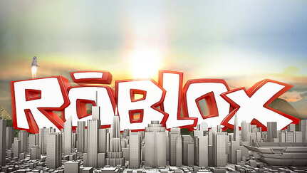 Roblox A3 kageprint med stort hvidt og rødt logo over grå storby og lys himmel