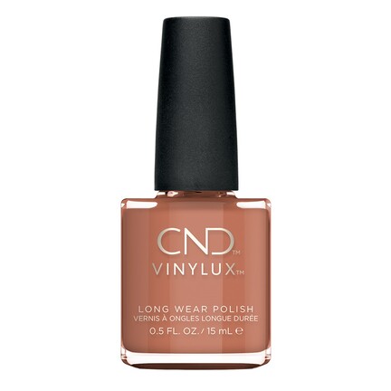 Neglelakflaske med sort låg i en lys brun farveudsmykket med teksten: "CND VINYLUX™ LONG WEAR POLISH VERNI À ONGLES LONGUE DURÉE 0.5 FL. OZ. / 15 mL e" på en hvid baggrund.