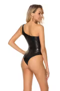 Sort wetlook bodysuit One Size med asymmetrisk design og lynlås