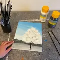 akryl maleri træ blå hvid