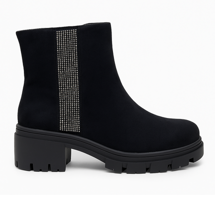 Sorte ruskindsstøvletter med rhinsten og grov sål
