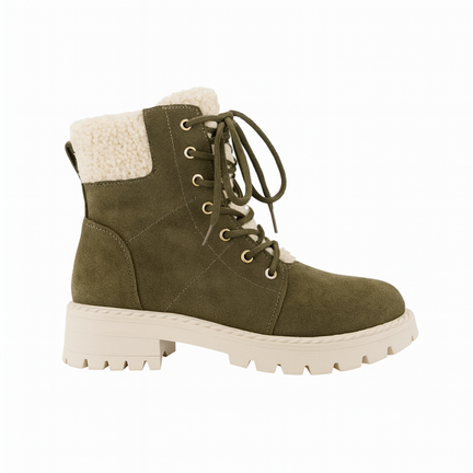Olivengrøn damestøvle med lys sål, uldkrave og snørebånd