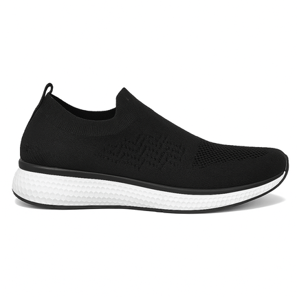 Sort slip-on damesneaker med strikket overdel og hvid struktureret sål,
