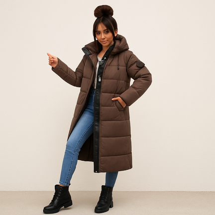 Lang brun dunjakke til dame med hætte, quiltet design og høj krave