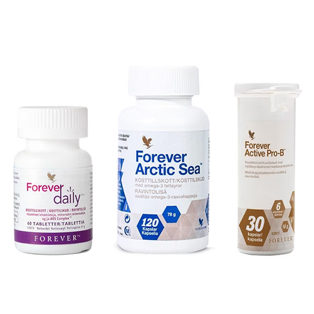 3 kosttilskud fra Forever Living Forever Daily, Forever Arctic Sea og Forever Active Pro-B