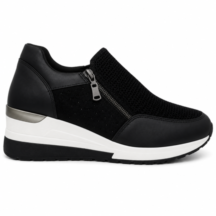 Sort dame sneaker med kilehæl og rhinsten - luksus & komfort