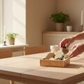 Person pakker en komplet dyrk selv-kasse til mikrogrønt ud på et lyst spisebord