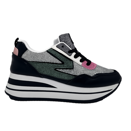 Chunky dame sneakers med platform, grøn glitter og pink detaljer