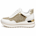 Beige og hvid dame sneaker med tweed og gulddetaljer