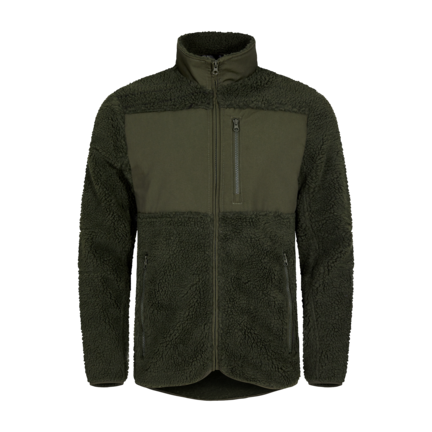 Matterhorn Pasang fleecejakke i mørkegrøn. Unik sherpa-fleece af genanvendt polyester med polyester/bomuld på brystet. Praktiske lommer og elastiske manchetter.