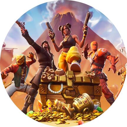 Rundt Fortnite sukkerprint med bananfigur og kampklare helte