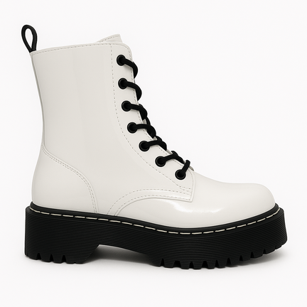 Hvid lak combat støvle med sort plateau sål, snørebånd og lynlås i siden