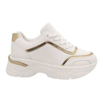 Chunky hvid sneaker med guld-detaljer og tyk sål set fra højre side
