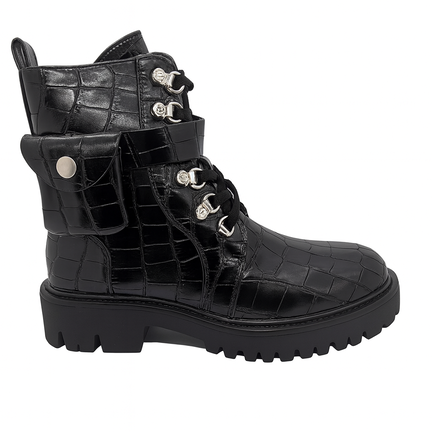 Sort lak dame støvle med croco mønster og chunky sål