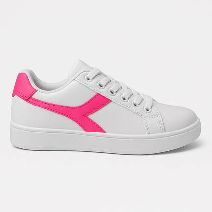 Hvide sneakers med neonpink detaljer i siden og på hælen – sporty og moderne design.