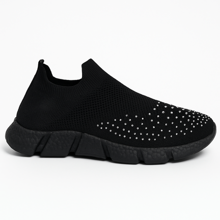 Sort slip-on sneaker til damer med rhinsten og kraftig sort sål