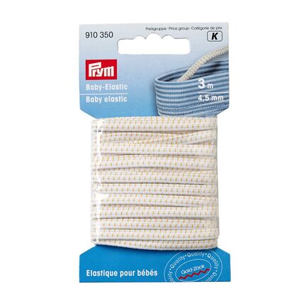 Prym Baby-Elastic – elastikbånd 4,5 mm, 3 meter, hvid med gule stikninger i emballage.