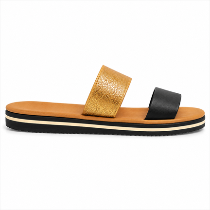 Sort og guld damesandal med glimmerrem og komfortabel slip in pasform